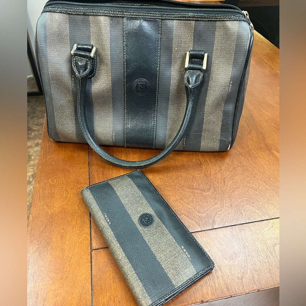 Authentic Vintage FENDI Pequin Striped Leather Handbag w/matching wallet!